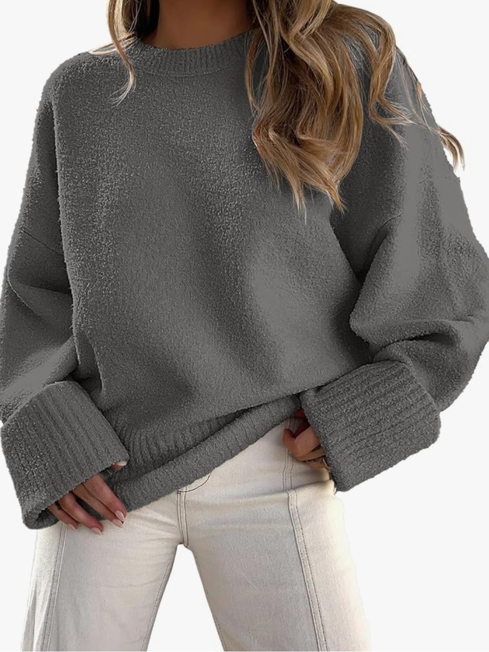 Cozy Fuzzy Knit Oversized Pullover Sweater - Gray
